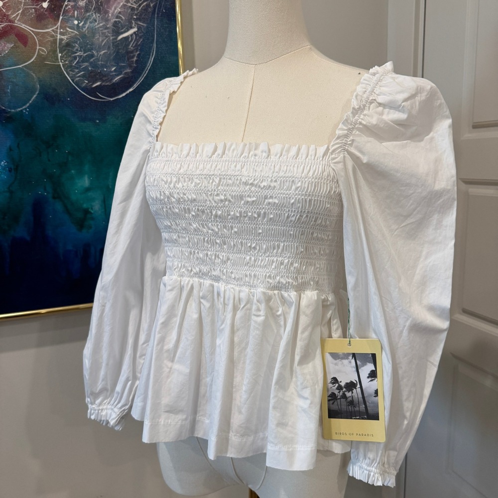 Birds of Paradis by Trovata Alize Blouse White Smocked Puff Sleeve Top XS NEW - Picture 3 of 9
